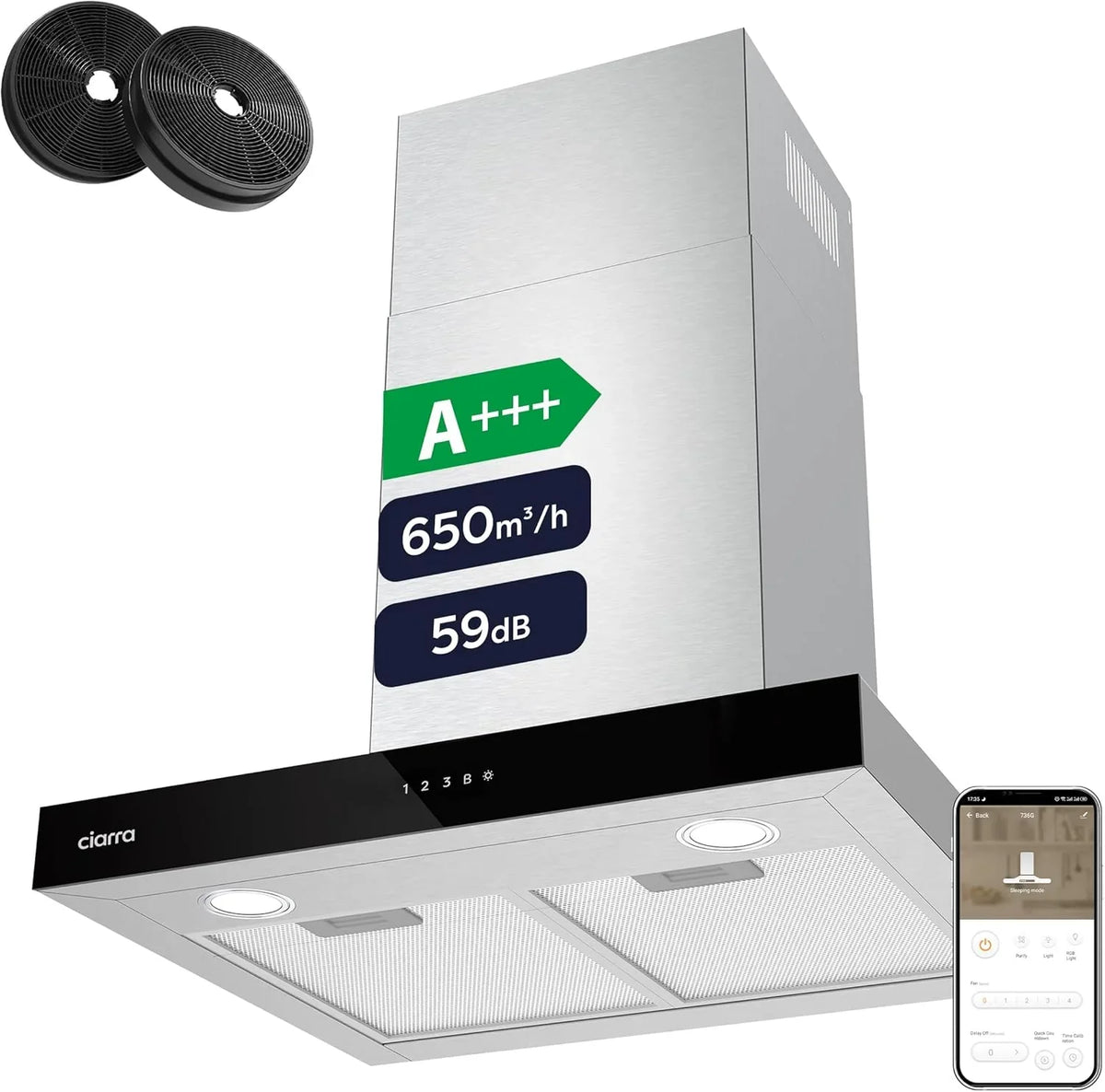2026 Ciarra CBCS6102 Campanas Extractora 60cm 650 m³/h – Control Táctil y Wifi – 4 Velocidades – Evacuación al Exterior y Recirculación Interna por Filtro de Carbón CBCF003 – Acero Inoxidable
