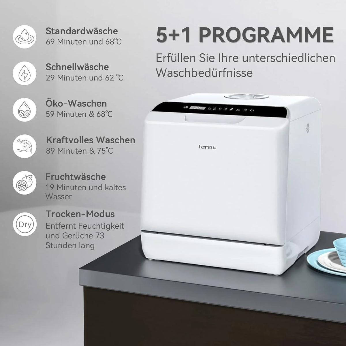 Lavavajillas mini Hermitlux 2026, lavavajillas para 4 juegos de cubiertos, depósito de agua de 5 litros, 6 programas, mini lavavajillas de sobremesa, perfecto para apartamentos, residencias de estudiantes y camping, color blanco.