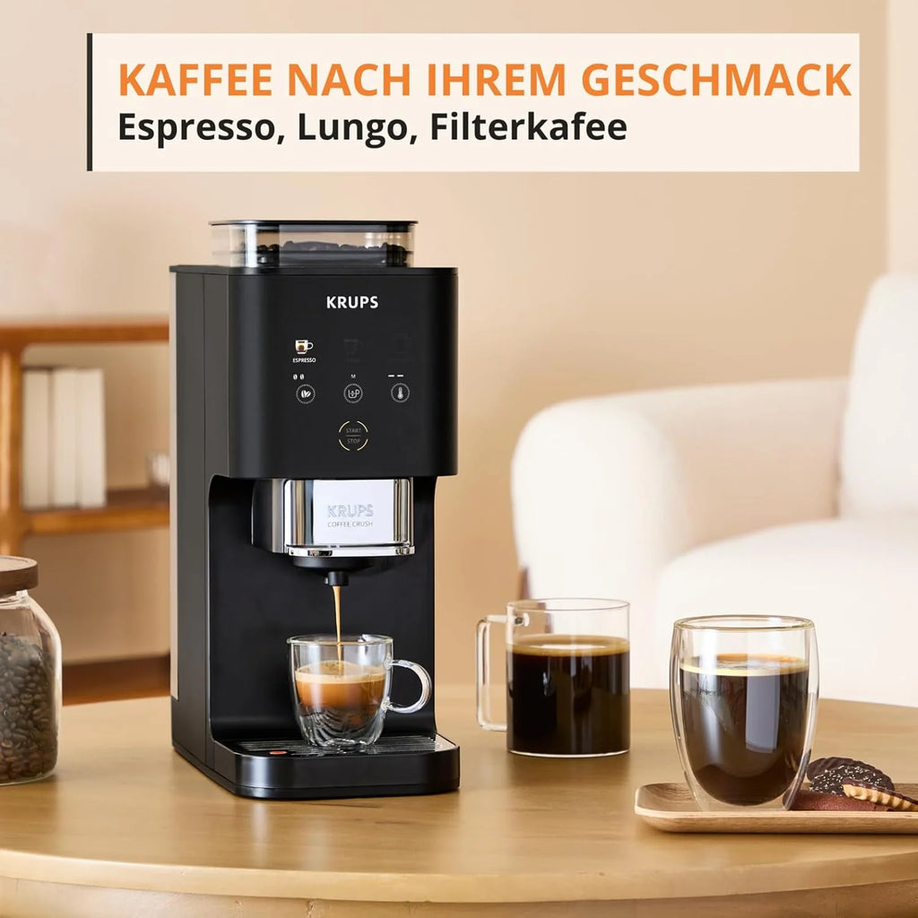 Cafetera automática Krups Coffee Crush Extra 2026, molinillo de acero inoxidable para café recién molido, solo 15 cm de ancho, panel de control inteligente, también para café premolido, fácil limpieza, color negro, SA4028E0