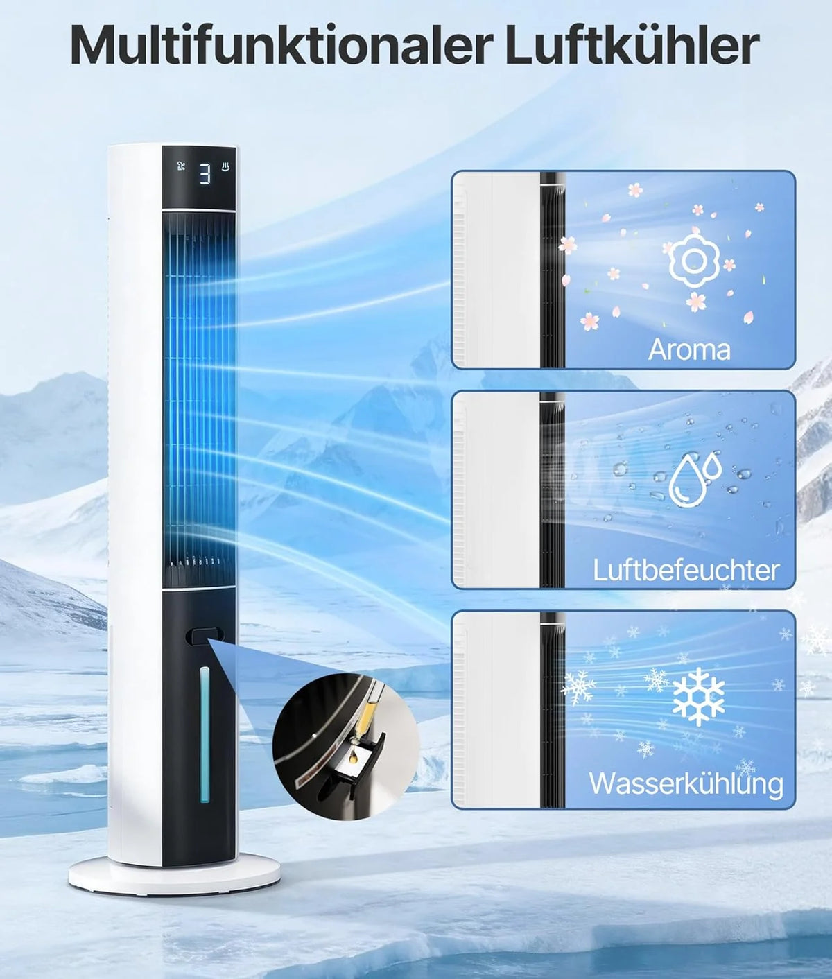 Ventilador de torre 2026 con enfriador de aire por agua – Aire acondicionado portátil sin manguera de escape, ventilador silencioso, 3 modos – Temporizador de 12 horas – Aroma – Control remoto, para habitaciones y apartamentos