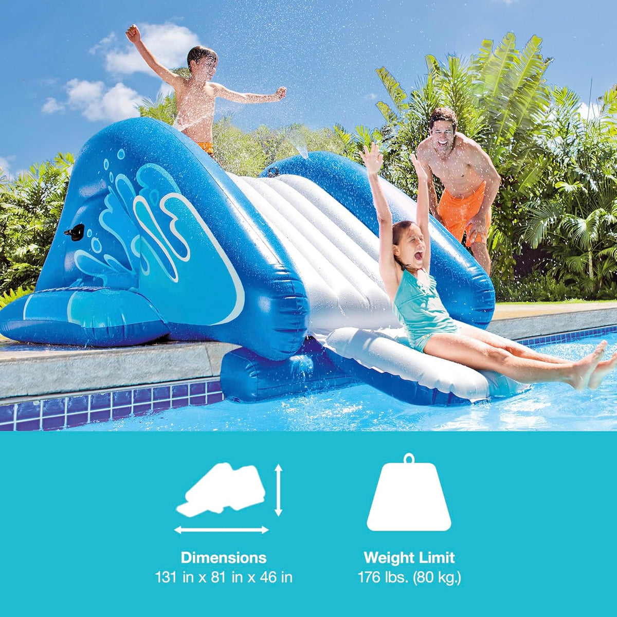 2026 Inflatable Water Slide Swimming Pool Play Center with Built in Sprayers for Kids and Adults, Ages 6 and Up, Blue