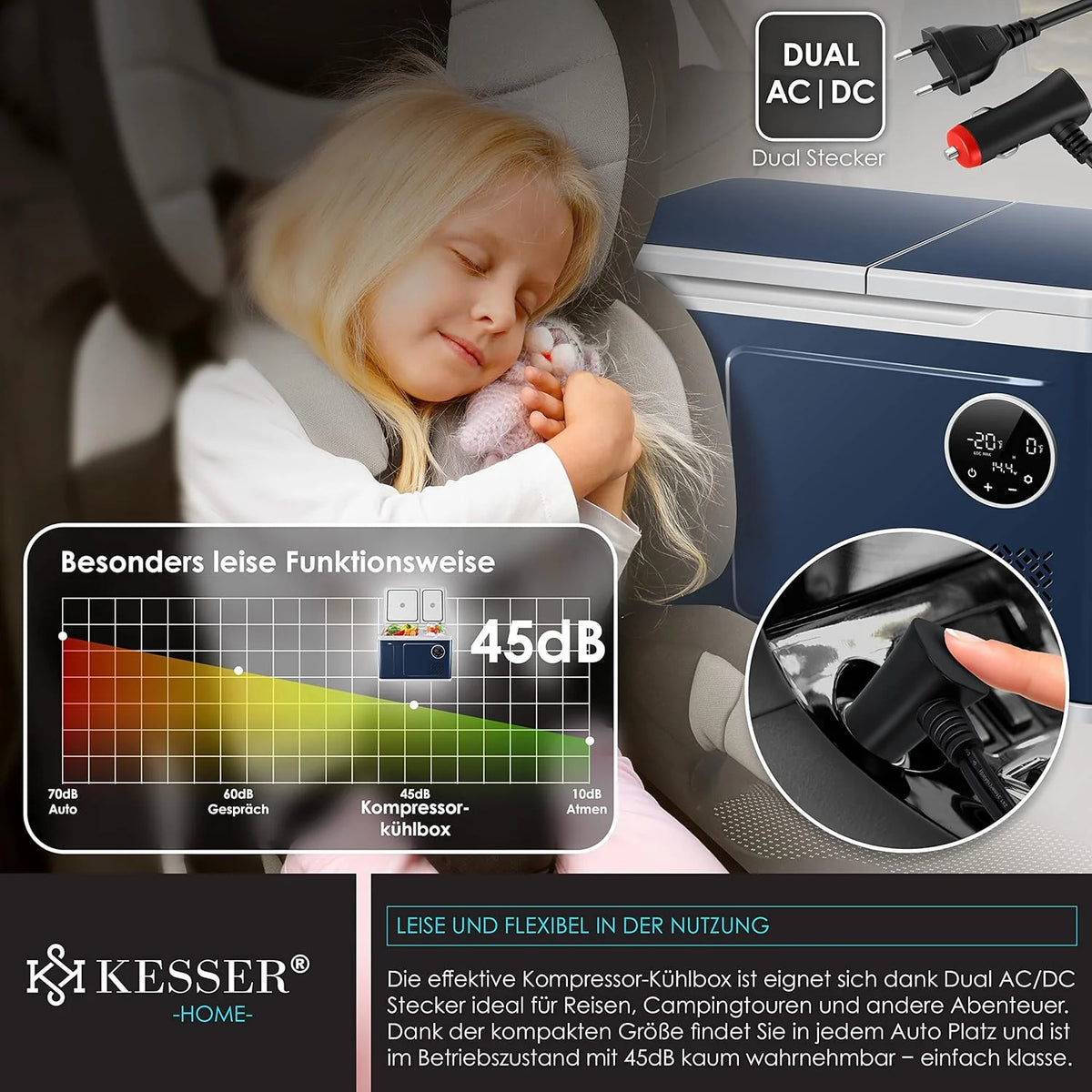 Nevera portátil KESSER 2026 con compresor, 2 en 1, doble zona de refrigeración y congelación, con congelador eléctrico, 2 acumuladores de frío y control táctil LED | Refrigerador con capacidad de enfriamiento hasta – 20 °C para camping, coche y