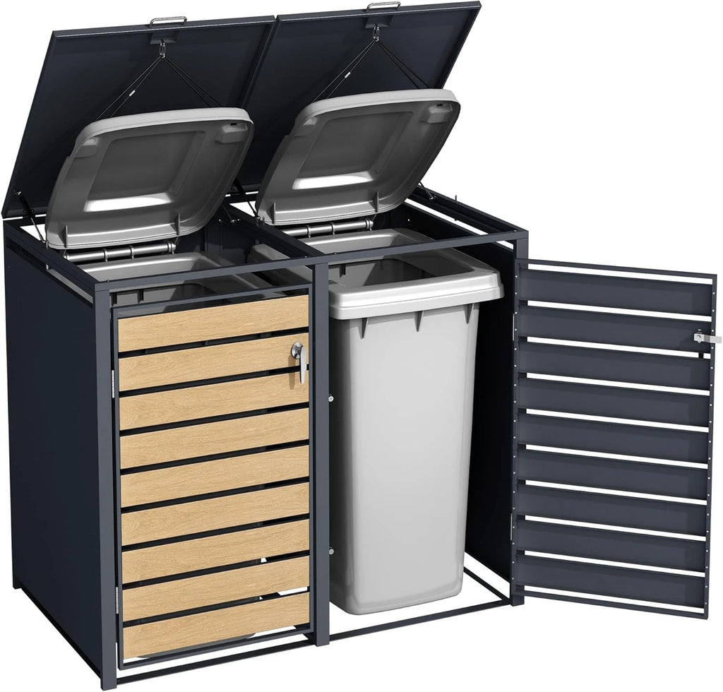 Caja para cubo de basura ESTEXO 2026 con tapa, caja de almacenamiento, color antracita con detalles de madera (2 puertas)