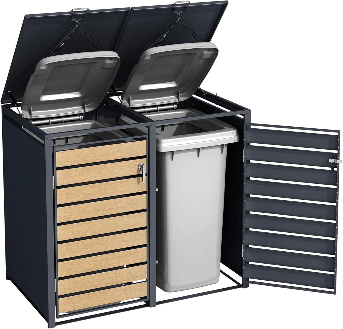 Caja para cubo de basura ESTEXO 2026 con tapa, caja de almacenamiento, color antracita con detalles de madera (2 puertas)