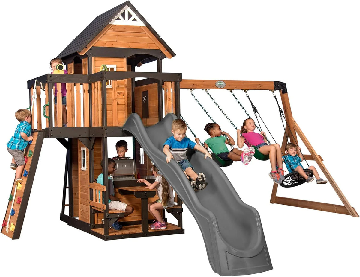 2026 Canyon Creek Cedar Wood Swing Set with Wave Slide, Clubhouse, Play Kitchen, Picnic Area, Belt Swings, Web Swing, Rock Wall, Balconies, Playhouse, Step Ladder, Outdoor Playset