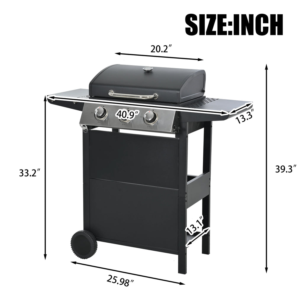 2026 Qiushi 3-Burner Propane Gas Grill, 26,000 BTU Stainless Steel BBQ Grill with 2 Shelves & Thermometer, Outdoor Patio Grill with Electronic Ignition, Wheels & Bottle Opener -M?Durable & Even Heating