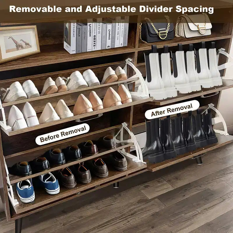2026 Zapatero de 4 puertas abatibles con cajones y estantes ajustables – Capacidad para 32 pares