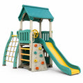 Parque infantil de 2026 con tobogán de plástico y torre de escalada, color turquesa/amarillo.
