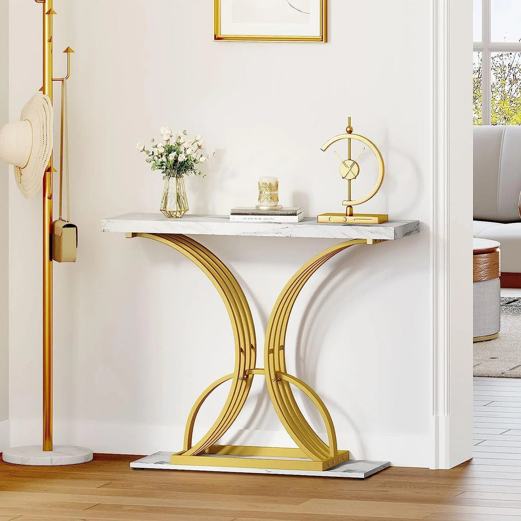 2026 Modern Gold Console Table with Marbled Top, Sofa Table for Entryway and Hallway