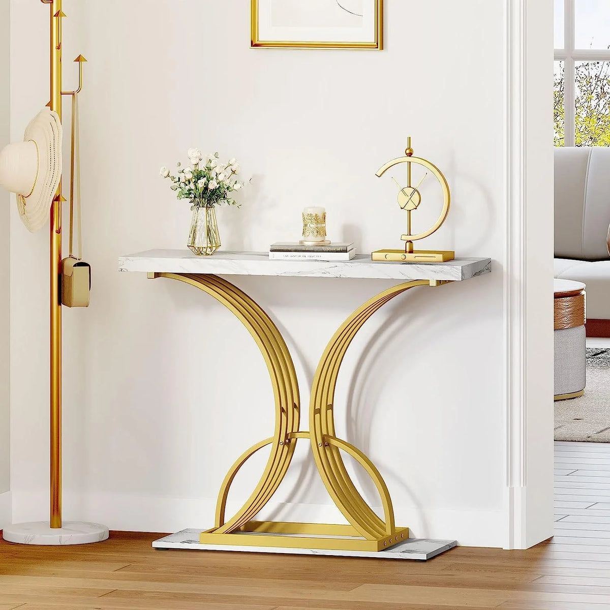 2026 Modern Gold Console Table with Marbled Top, Sofa Table for Entryway and Hallway