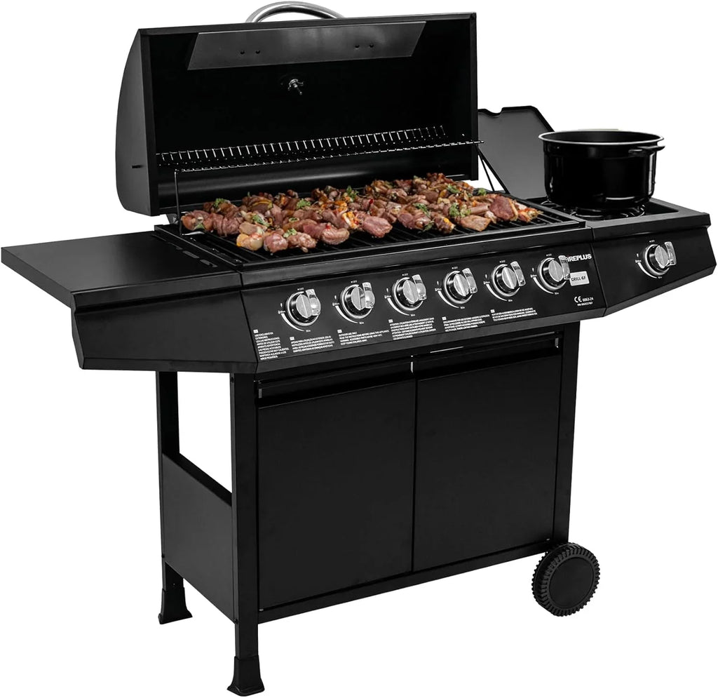 2026 Amig – Barbacoa de gas Fireplus 6+1 de 12,9 kW – Acero inoxidable Negro – Parrilla con ruedas Modelo GRILL – 6F – Barbacoa XXL con carro y termómetro – 138x52x103 cm – 7 quemadores y Bandeja lateral