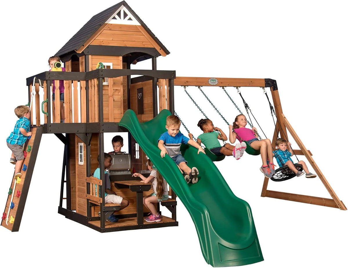 2026 Canyon Creek Cedar Wood Swing Set with Wave Slide, Clubhouse, Play Kitchen, Picnic Area, Belt Swings, Web Swing, Rock Wall, Balconies,…