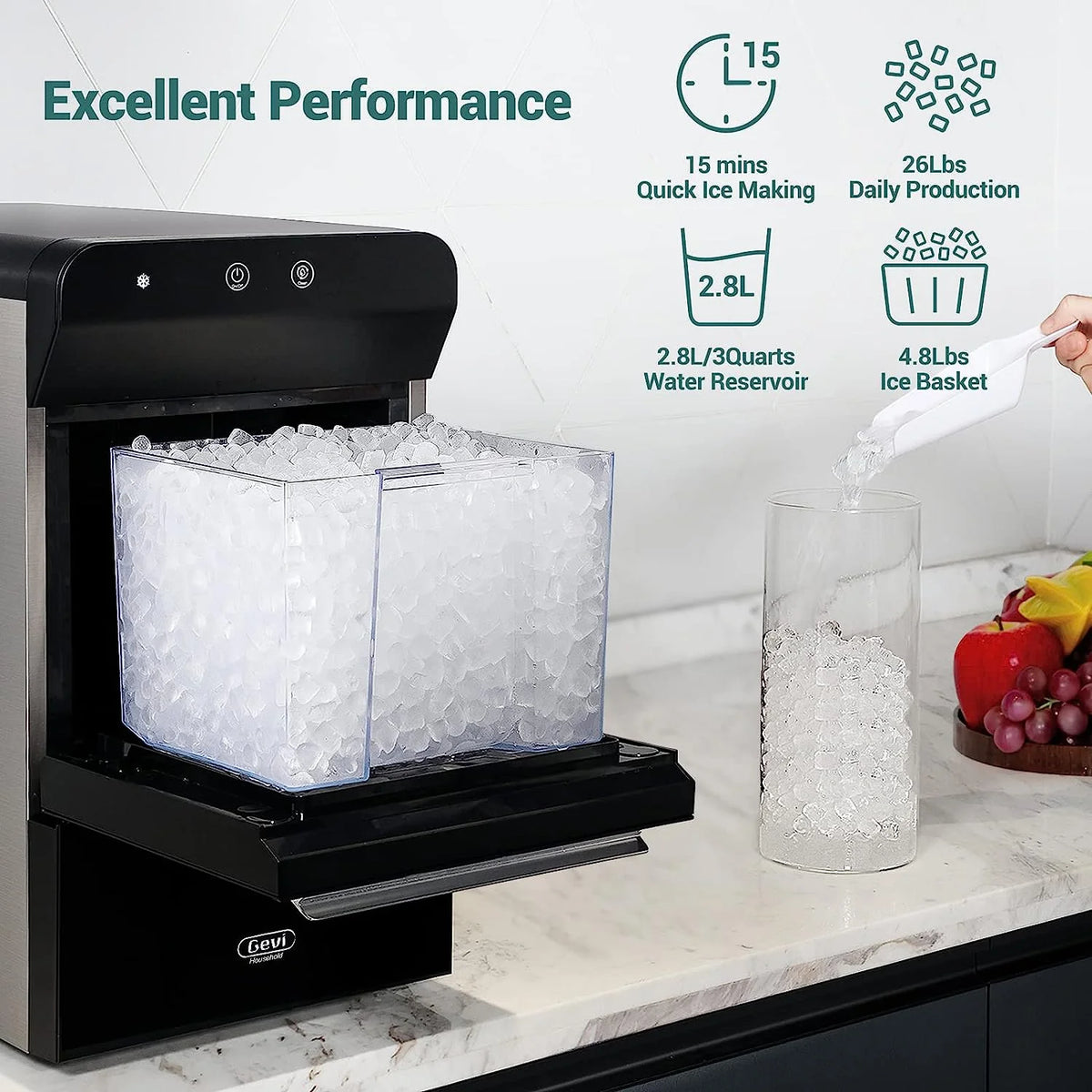 2026 V2.0 Countertop Nugget Ice Maker | Self Cleaning Pellet Ice Maker | Open and Pour Refill | Stainless Steel Housing |