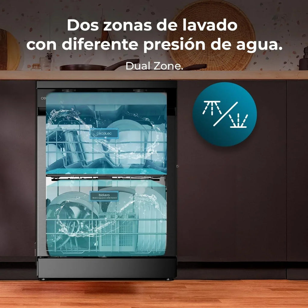 2026 Cecotec Lavavajillas 60 cm Libre Instalación Bolero Aguazero 6210 Dark D. 15 Cubiertos, Bajo Consumo, Pantalla Fullcolor XXL, Tercera Bandeja, 8 Programas, Dual Zone Wash, Bandeja Ajustable, Dark