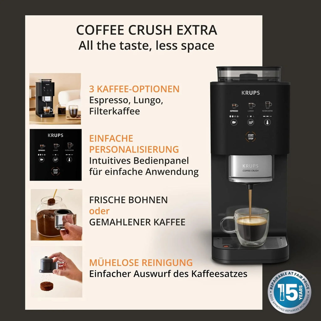 Cafetera automática Krups Coffee Crush Extra 2026, molinillo de acero inoxidable para café recién molido, solo 15 cm de ancho, panel de control inteligente, también para café premolido, fácil limpieza, color negro, SA4028E0