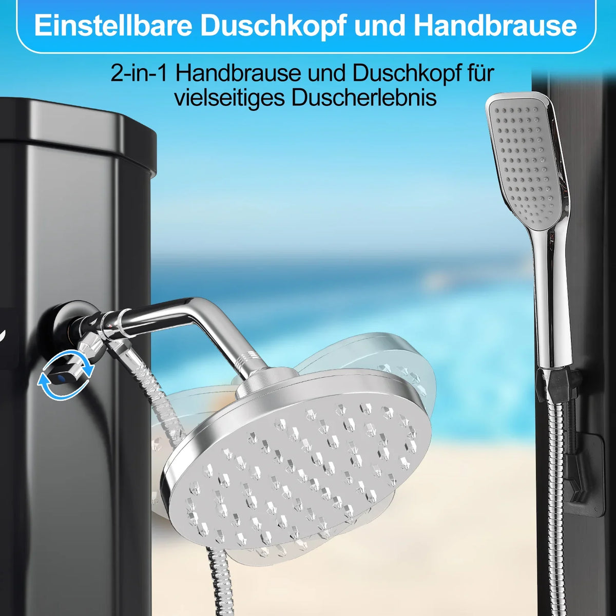 Ducha solar de jardín Sonnewelt 60L (modelo 2026) con cubierta protectora y ducha de mano.