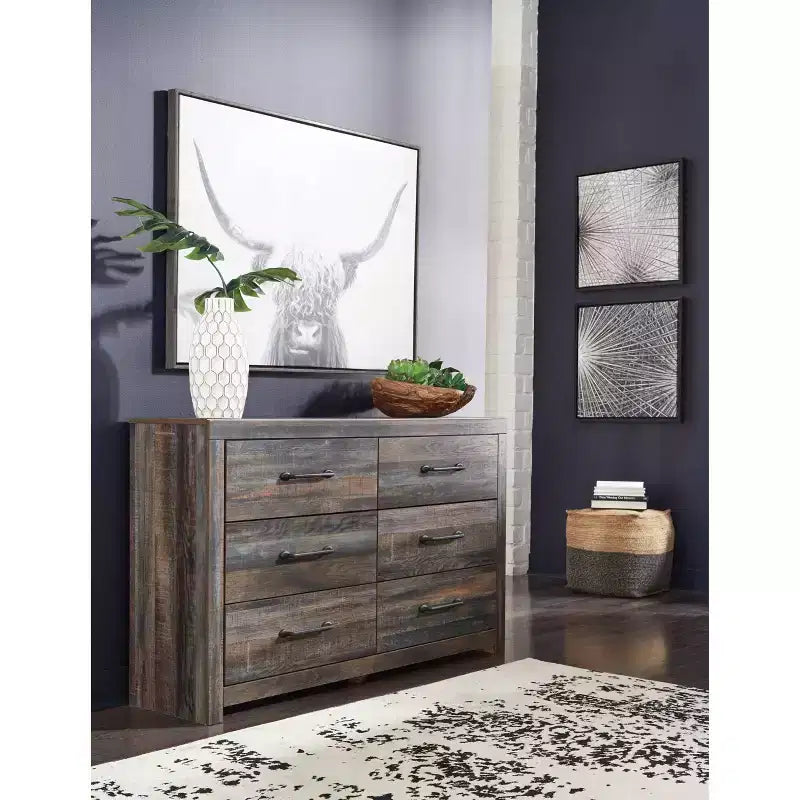 2026 Cómoda de 6 cajones – Cajonera rústica industrial para dormitorio con acabado de madera rústica.