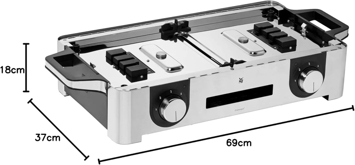 Parrilla eléctrica WMF Lono Master Grill 2026, 50x28 cm, parrilla de mesa eléctrica con paravientos y bandeja recogegrasa, certificada para uso exterior, 2 superficies de cocción ajustables independientemente, 2400 W, acero inoxidable mate.