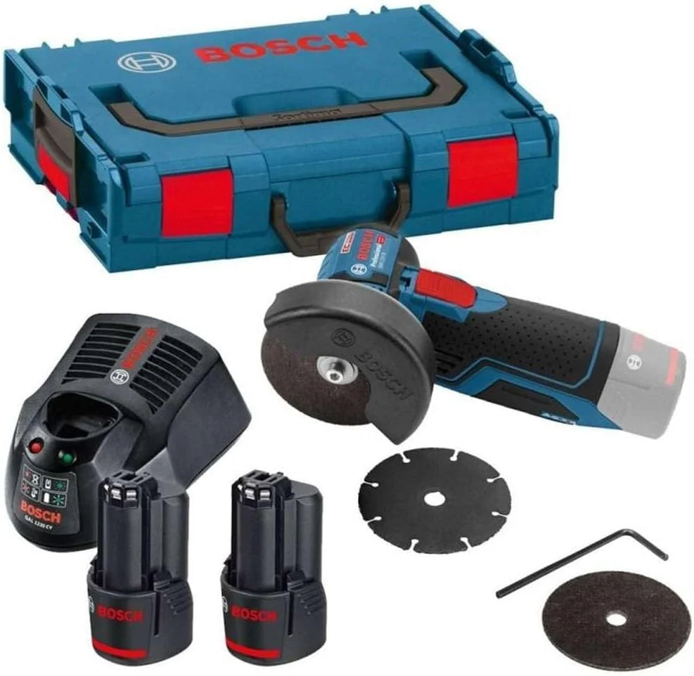 2026 Amoladora angular inalámbrica profesional de 12 V GWS 12V – 76 (incluye 2 baterías de 3,0 Ah, cargador rápido GAL 1230 CV, 1 disco multiusos de carburo, 2 discos de corte Expert para acero inoxidable, L – BOXX2)