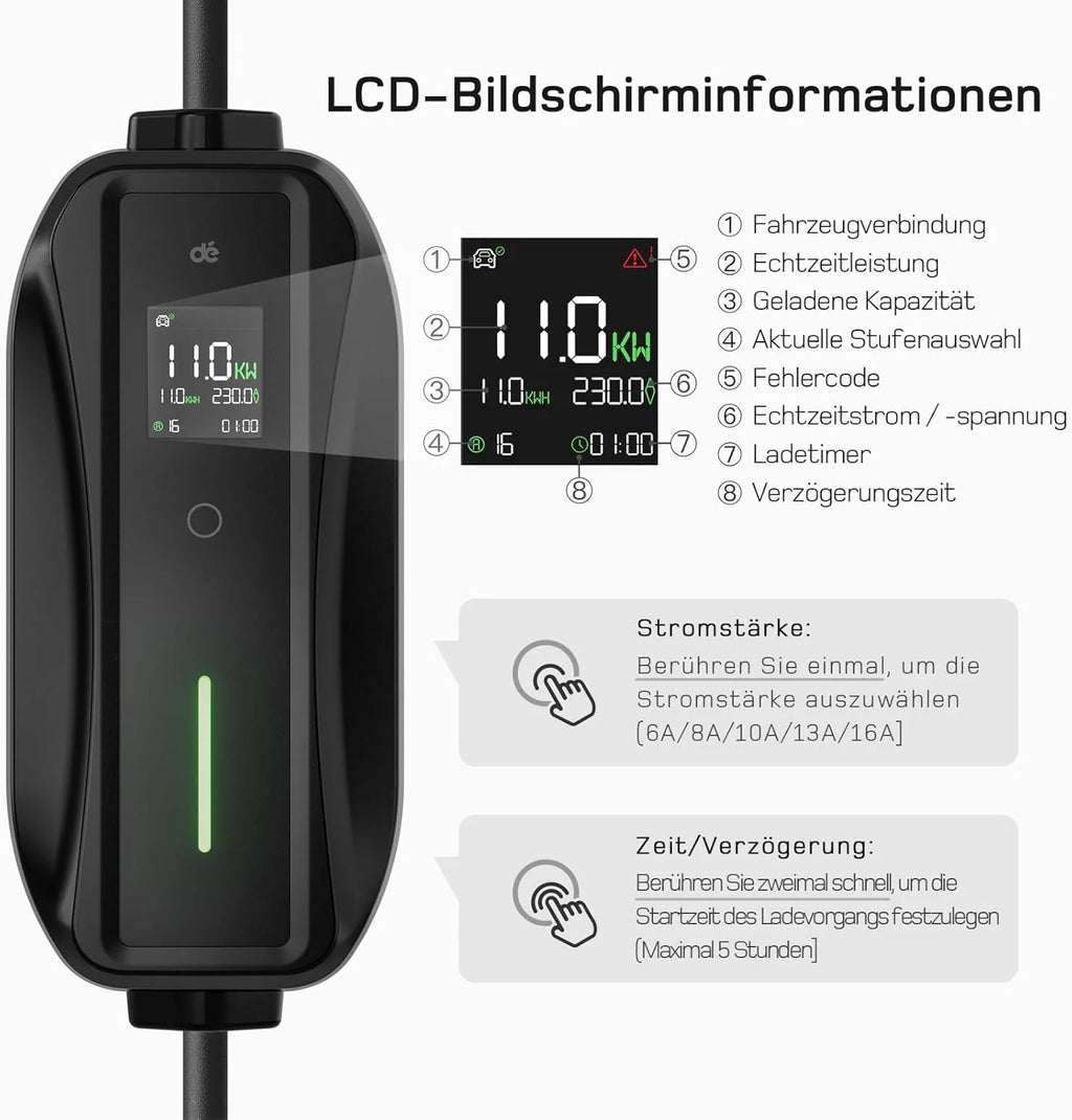 Estación de carga/wallbox móvil 2026 dé de 11kW [trifásica|7m|6 – 16A] con kit de adaptadores Traveller, cable de carga CEE 16A a tipo 2 y cargador para vehículos eléctricos Model Y/3, ID.3/4/5, MG4, EX30, e – up, e – tron, Zoe y otros vehículos