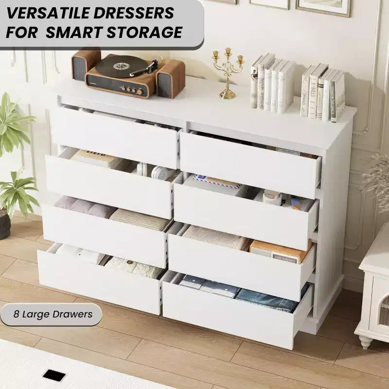 2026 Cómoda horizontal de 8 cajones – 130 cm de ancho, MDF resistente a los arañazos, cajones con acabado de lino sintético.