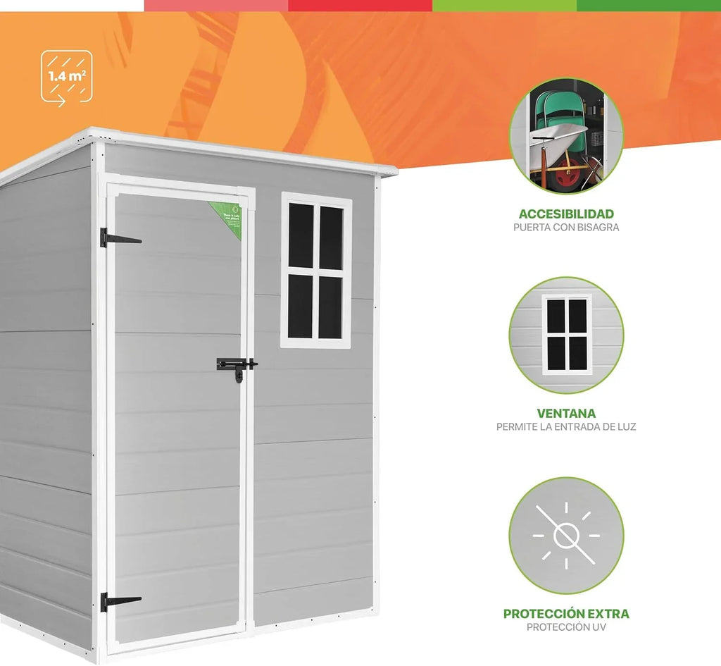 2026 Wasabi – Caseta de Resina Jardín Unit 1.4 – Ventana Luz Natural – Suelo Incluido – Paneles 12mm de Espesor – Gris Blanco – Cobertizo PVC Almacenaje Exterior – 1,37m2 – Techo Plano