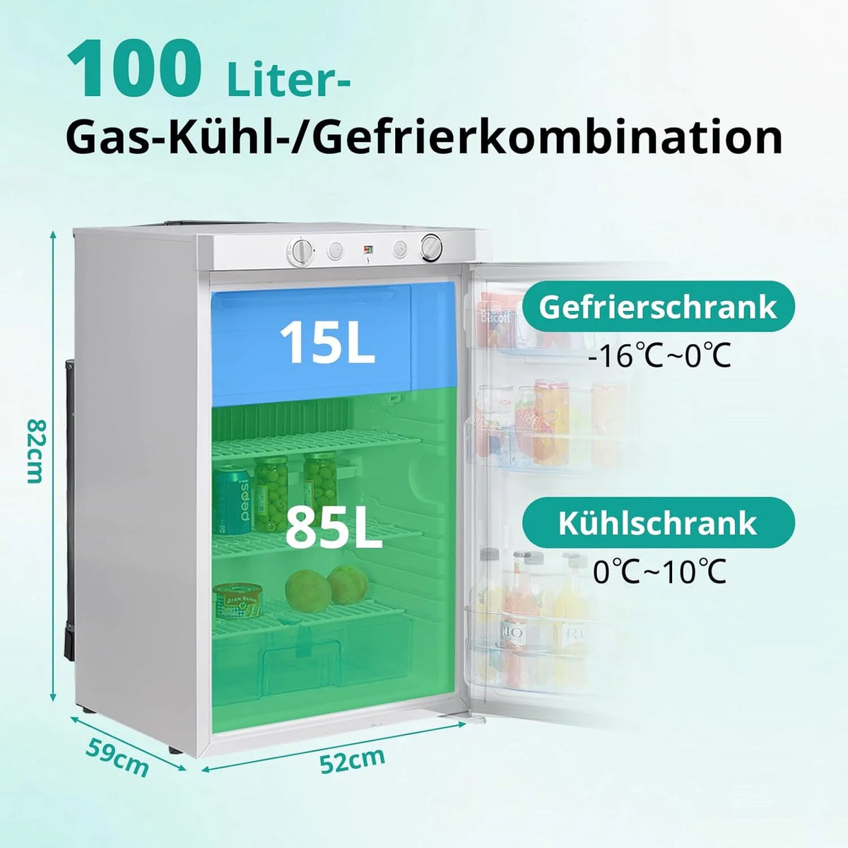 Refrigerador/congelador SMETA 2026 a gas, 12V/230V, refrigerador con compartimento congelador de 100L, refrigerador combinado silencioso para camping, hogar, caravana, garaje, puerta, autocaravana, blanco