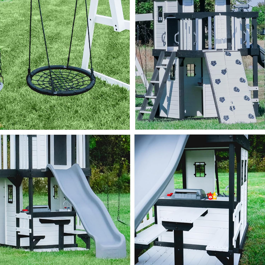2026 Canyon Creek Cedar Wood Swing Set with Wave Slide, Clubhouse, Play Kitchen, Picnic Area, Belt Swings, Web Swing, Rock Wall, Balconies, Playhouse, Step Ladder, Outdoor Playset