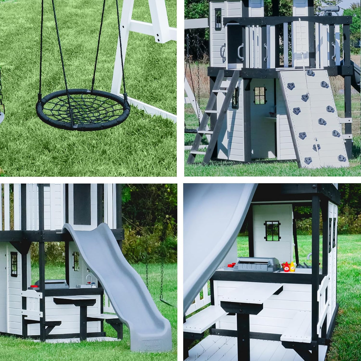 2026 Canyon Creek Cedar Wood Swing Set with Wave Slide, Clubhouse, Play Kitchen, Picnic Area, Belt Swings, Web Swing, Rock Wall, Balconies, Playhouse, Step Ladder, Outdoor Playset