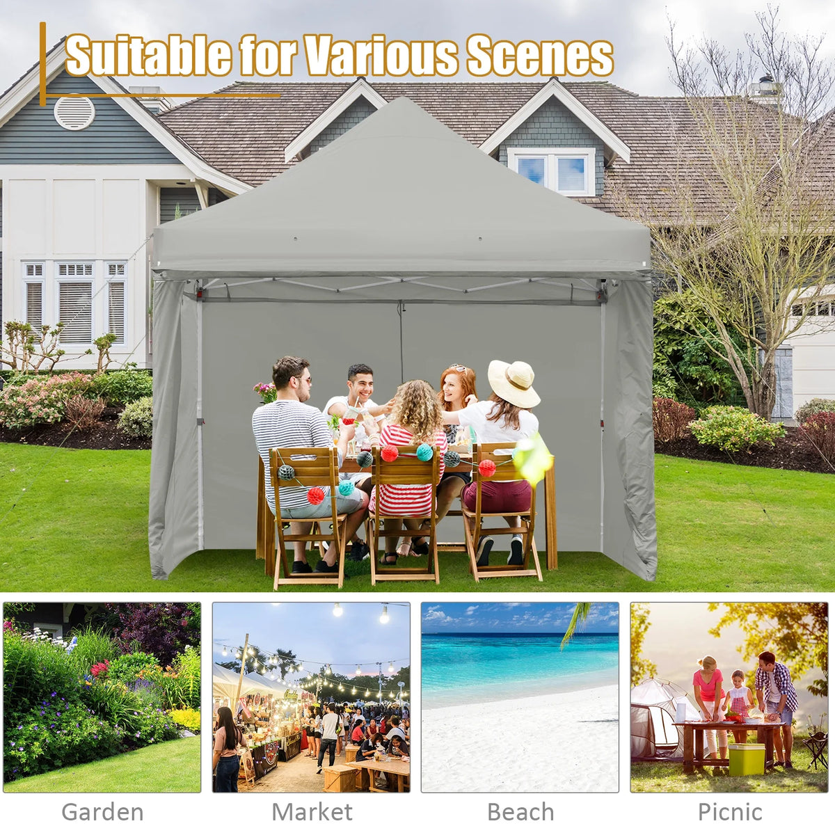 2026 Patiojoy 10x10ft Pop up Tent, 4 Height Adjustment Folding Camping Tent with Awning Blue