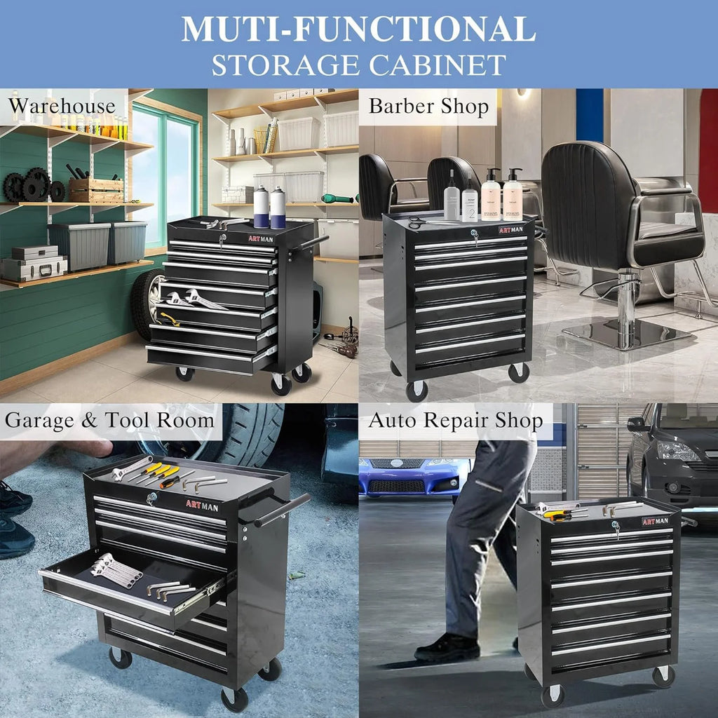 2026 POVANLI  7-Drawer Rolling Tool Chest with Wheels Multifunctional Tool Chest Portable Tool Storage Cabinet with Locking System for Garage Workshop Warehouse Repair Shop