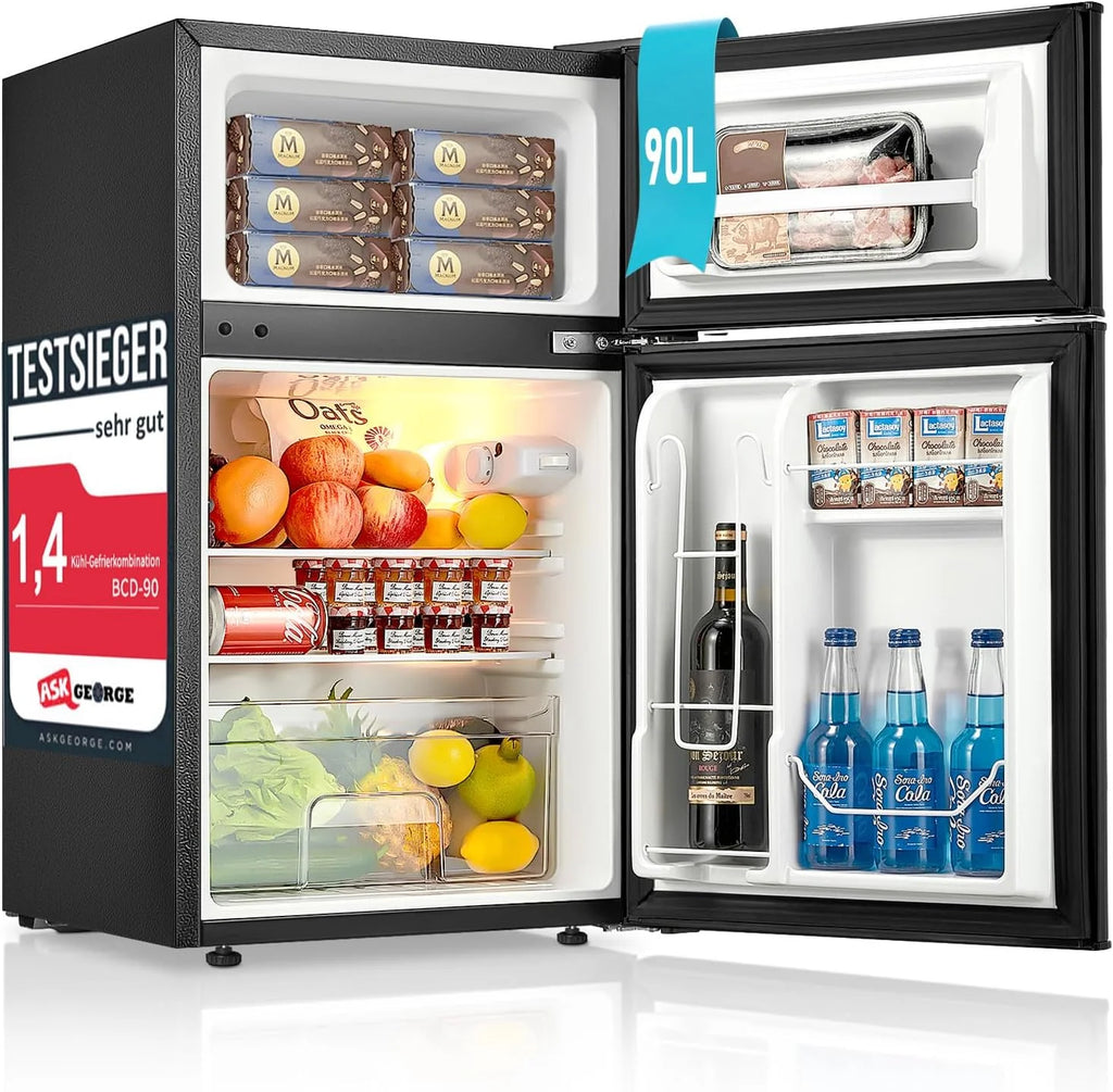 Mini refrigerador FOHERE 2026 con compartimento congelador, pequeño, 90 L, compartimento congelador de 26 L | Refrigerador de 64 L para dormitorios, termostato de 7 etapas, eficiencia energética, 43 dB con 2 puertas intercambiables, para residencias