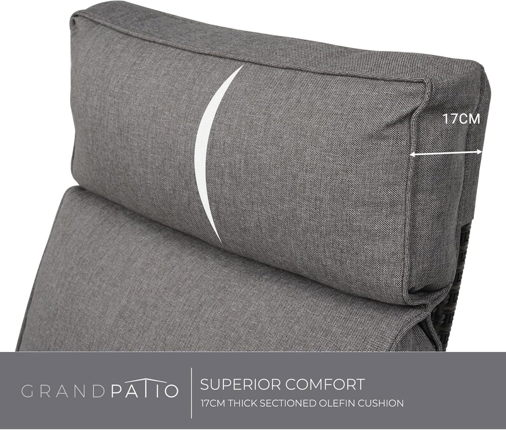 Tumbona de ratán Grand Patio 2026 con cojín de asiento, sillón, respaldo ajustable, para uso interior y exterior, gris oscuro – Cojín de asiento gris oscuro y ratán marrón.
