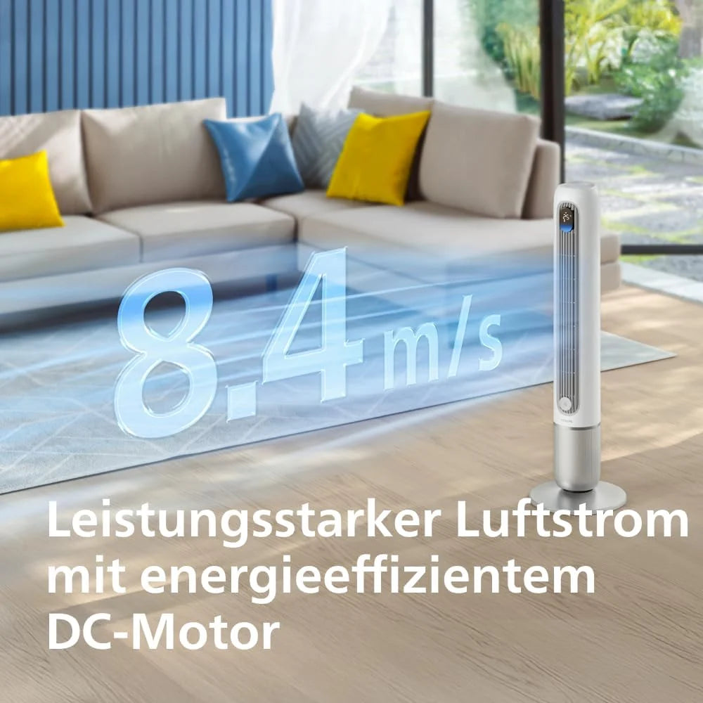 Ventilador de torre inteligente Philips Serie 7000 (2026): potente (8,4 m/s), ultra silencioso (22 dB), de bajo consumo, control por aplicación y mando a distancia, Wi – Fi, 12 velocidades, modo de suspensión, indicador de temperatura, temporizador