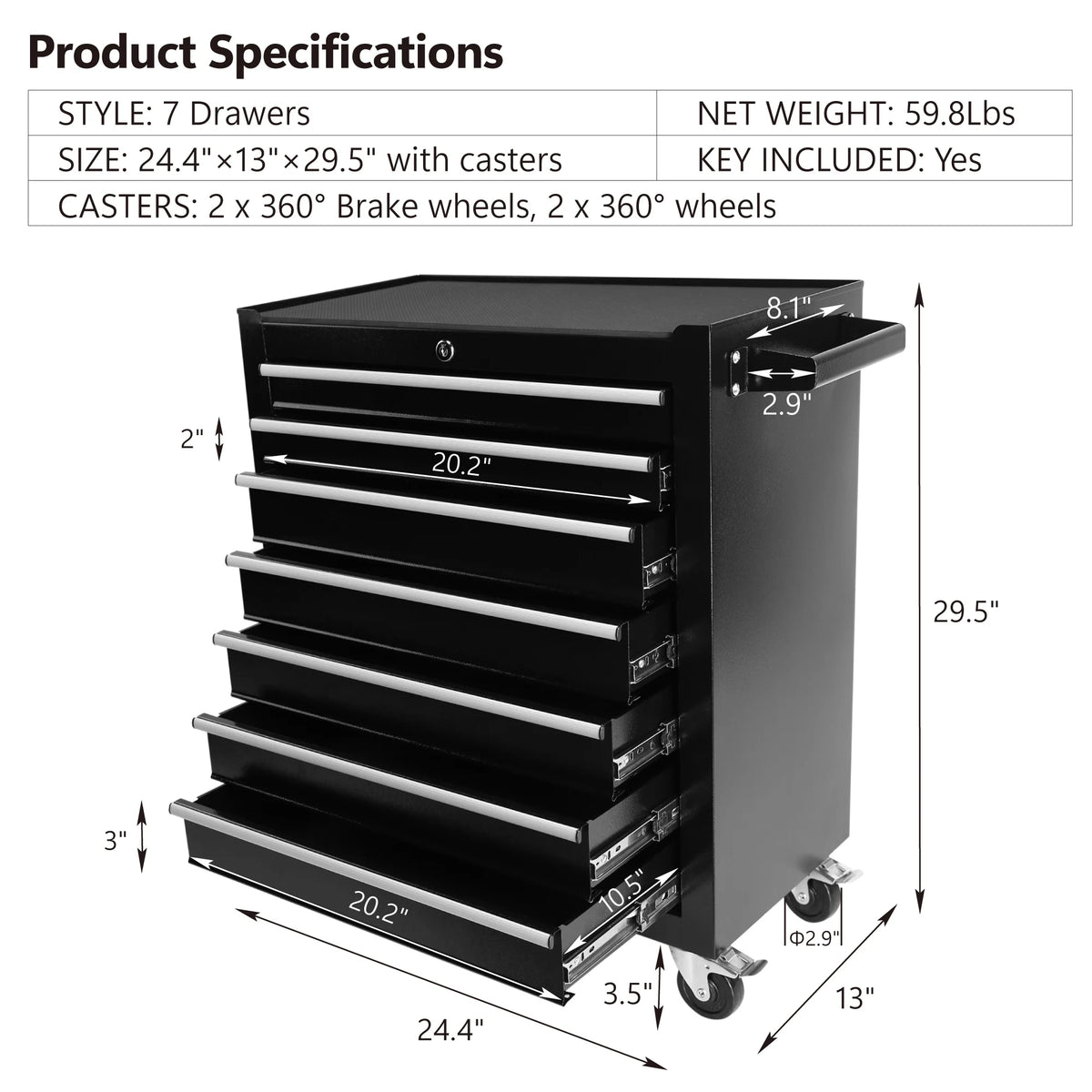 2026 EastVita Tool Chest, 7-Drawer Rolling Tool Storage Cabinet with Liner, Adjustable Shelf, Locking Mechanism, Parking Brakes, Tool Cart Chest for Garage, Workshop, Home