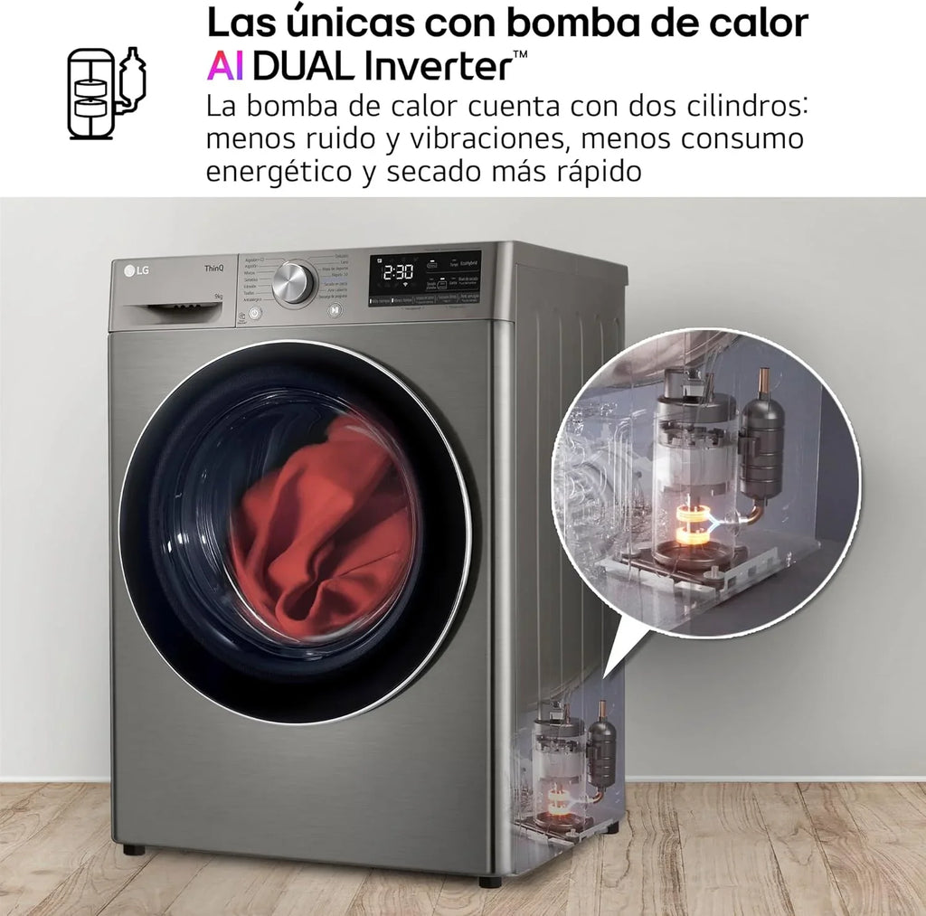2026 RH90V9PV2N Secadora de Ropa, 9Kg, Bomba de Calor Dual Invert, Carga Frontal, Clasificación C, Sensor de Secado, Serie 900, Inox Antihuellas