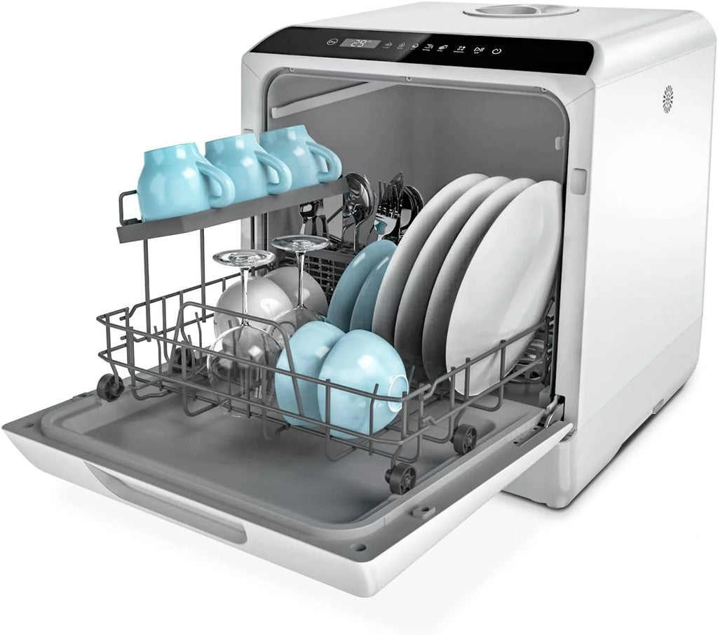 Lavavajillas mini Hermitlux 2026, lavavajillas para 4 juegos de cubiertos, depósito de agua de 5 litros, 6 programas, mini lavavajillas de sobremesa, perfecto para apartamentos, residencias de estudiantes y camping, color blanco.