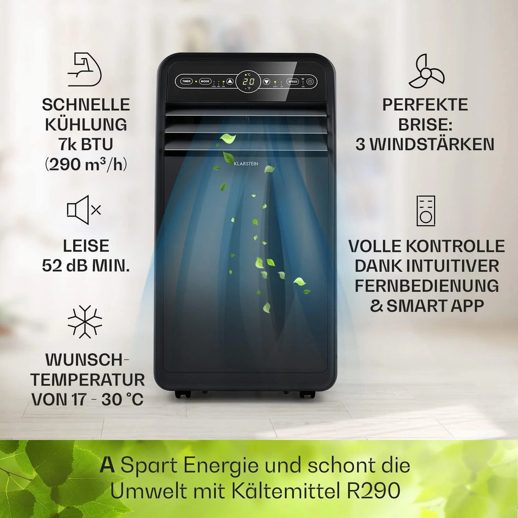 Aire acondicionado móvil Klarstein 2026 con manguera de escape, aire acondicionado 4 en 1 con ventilador, deshumidificador y modo nocturno, aire acondicionado pequeño y portátil para el hogar y la oficina, bajo consumo de energía, 9000 BTU.