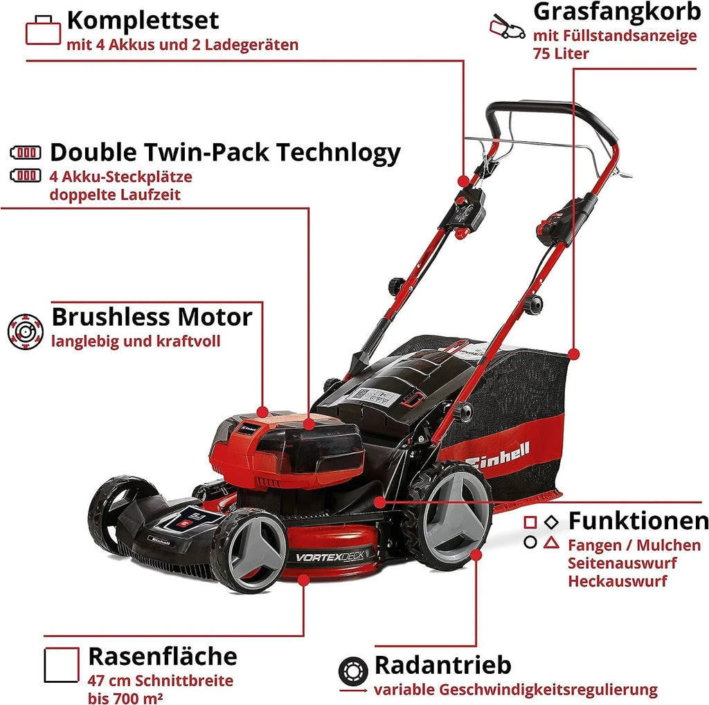 2026 Einhell Akku – Rasenmher GE – CM 36/47 S HW Li Kit Power X – Change (36 V, 47 cm de ancho, hasta 700 m, sin escobillas, tracción por radentro, depósito de 75 L, incluye 4 baterías de 4,0 Ah + 2 cargadores dobles)