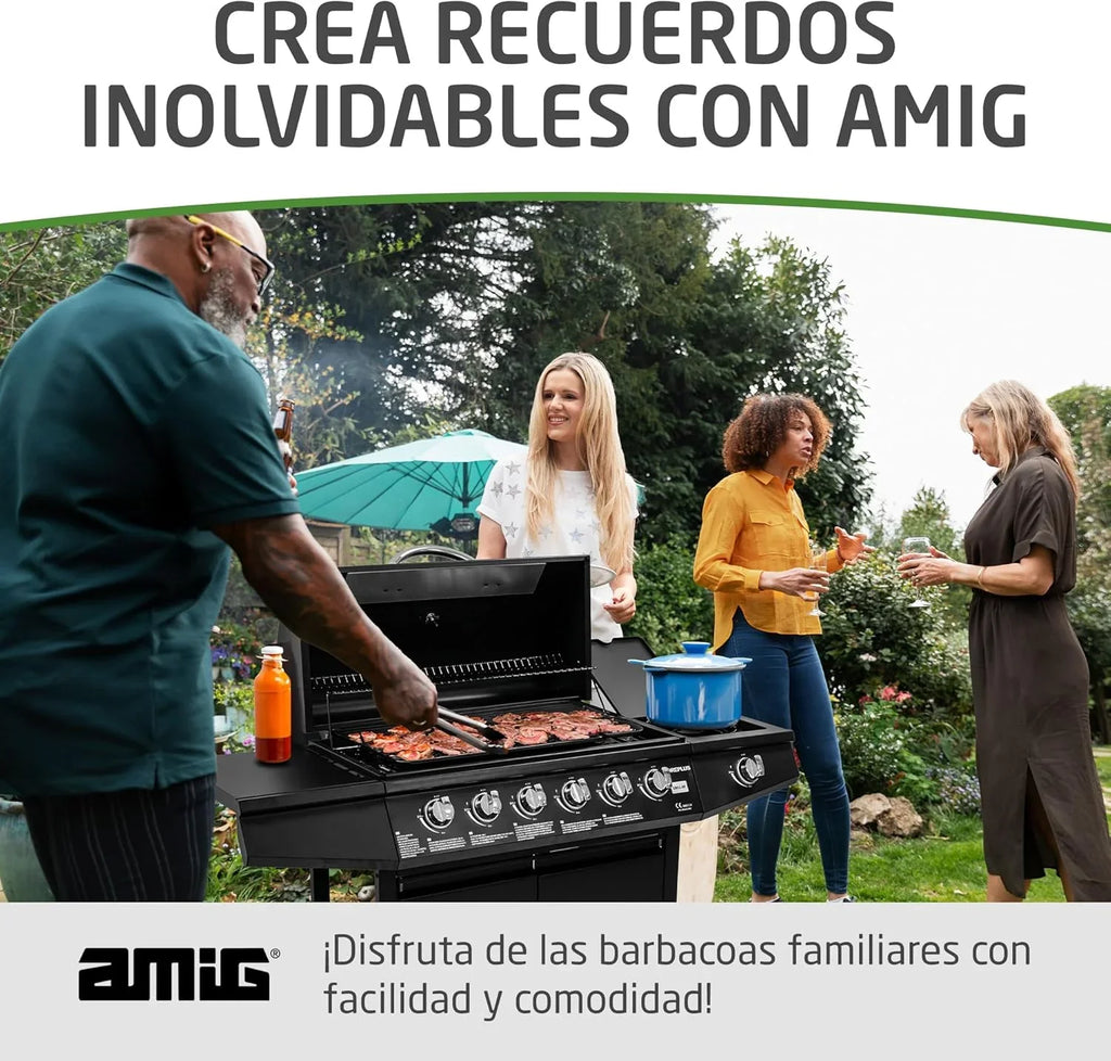 2026 Amig – Barbacoa de gas Fireplus 6+1 de 12,9 kW – Acero inoxidable Negro – Parrilla con ruedas Modelo GRILL – 6F – Barbacoa XXL con carro y termómetro – 138x52x103 cm – 7 quemadores y Bandeja lateral