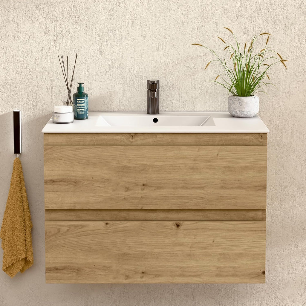 2026 BELLOBATH – Mueble Baño Suspendido con Lavabo de Cerámica, Mueble Baño con Lavabo Montado con 2 Cajones, 80 x 55 x 46 cm, Mueble Roble