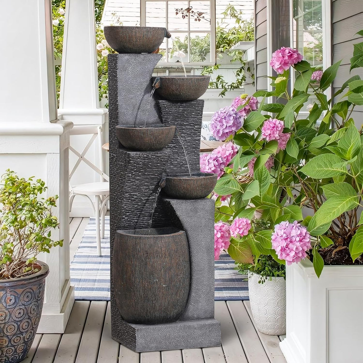 Fuente de jardín grande Bumilgar 2026, fuente exterior con iluminación LED, cascada de 5 niveles, ideal para jardín, balcón o terraza, 134 x 46 x 37 cm.