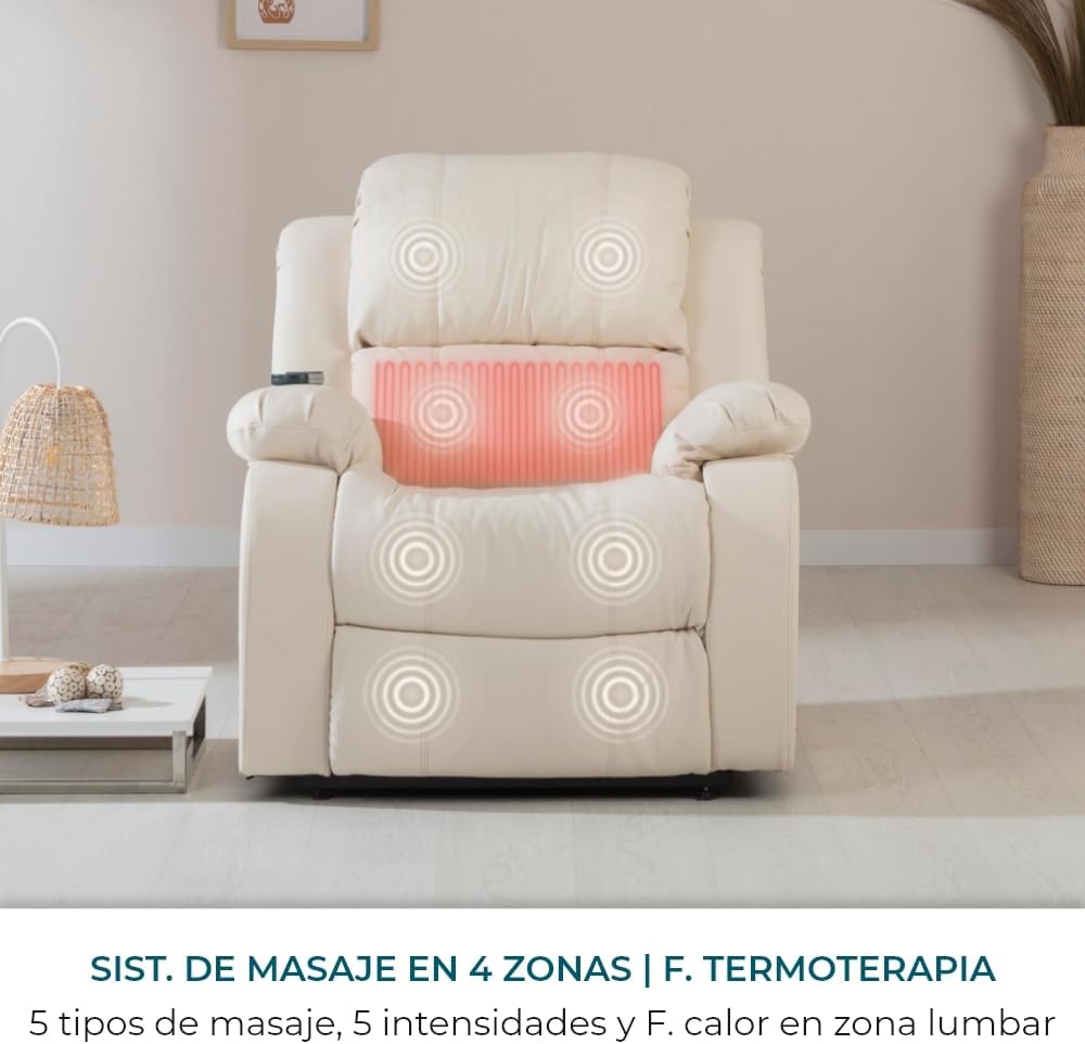 Don Descanso - Sillón Masaje Relax Calor Trevi Negro Reclinable 160º con 8 Motores Silenciosos, Calor Lumbar, Sist. Masaje 4 Zonas y Acabado en PU Anti-Cuarteo [Incluye Mando]. Ideal Gente Mayor 2026