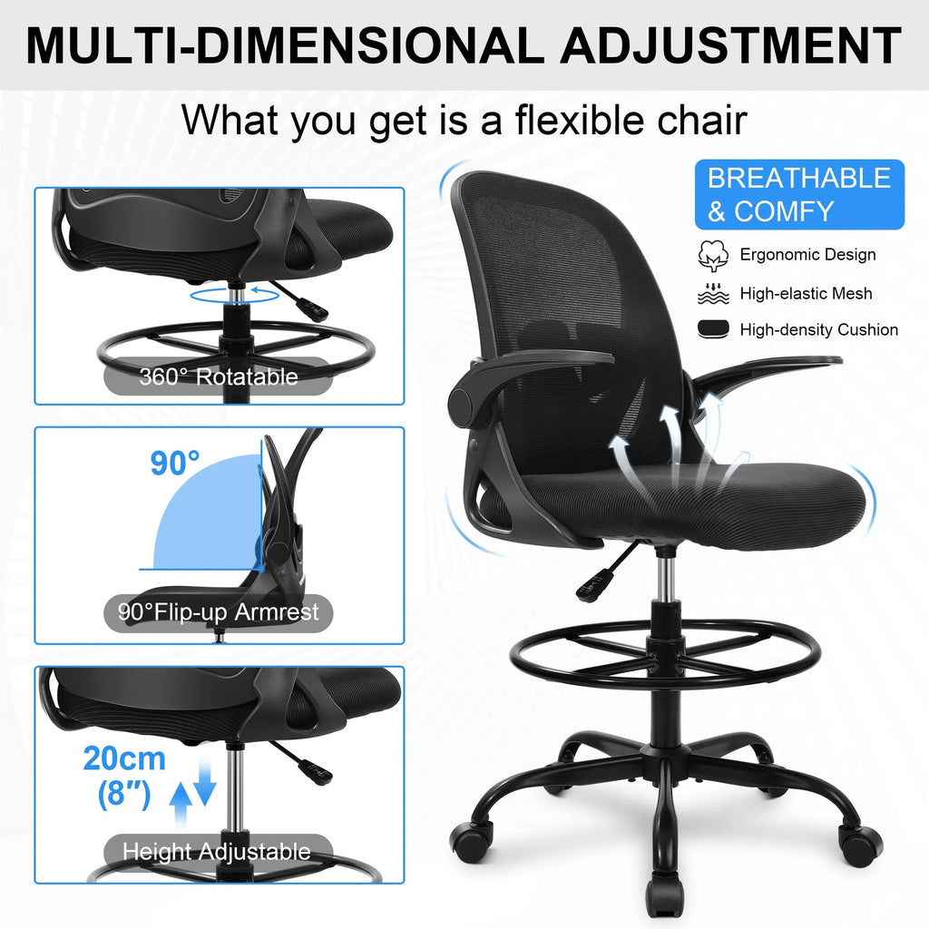 2026 Ergonomic Drafting Chair - Tall Office Chair with Lumbar Support and Adjustable Height