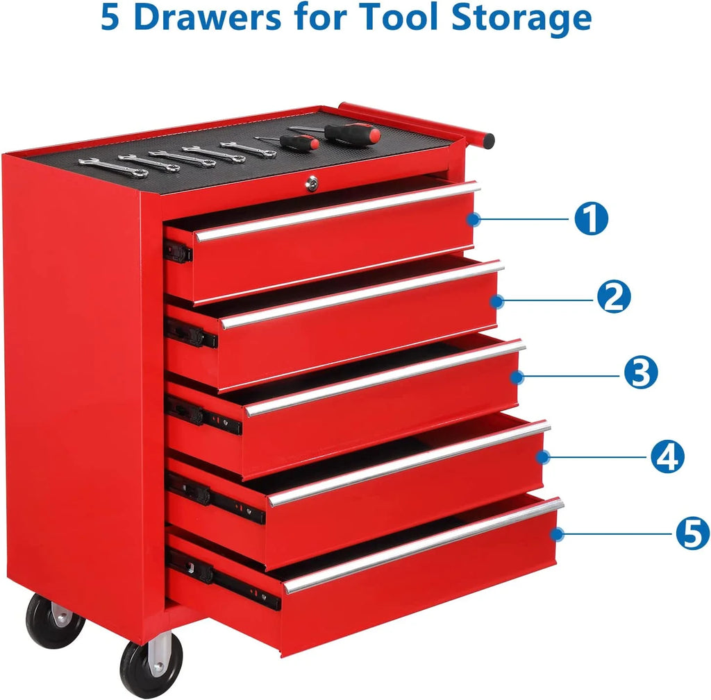 2026 TUFFIOM 5-Drawer Rolling Tool Chest with Lock & Key, Tool Storage Organizer Box Cabinet with Wheels
