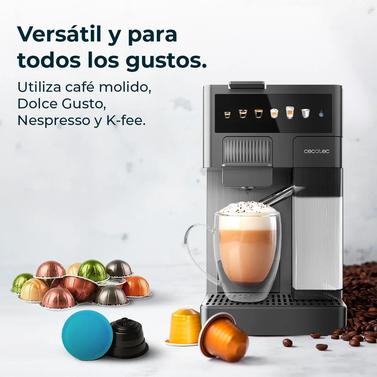 2026 Cecotec Cafetera Cápsulas Express Compacta con Tanque de Leche FreeStyle Latte. 1350W, 20 Bares, Compatible con Café Molido, Dolce Gusto, Nespresso y K – fee, Depósito 1,6L de Agua y 400ml de Leche