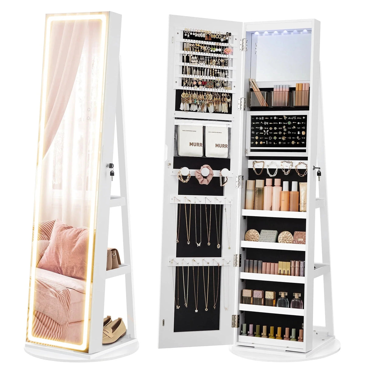 2026 LED Mirror Jewelry Cabinet Standing Jewelry Armoire Organizer Box with Full-length Mirror and Adjustable LED Lights White