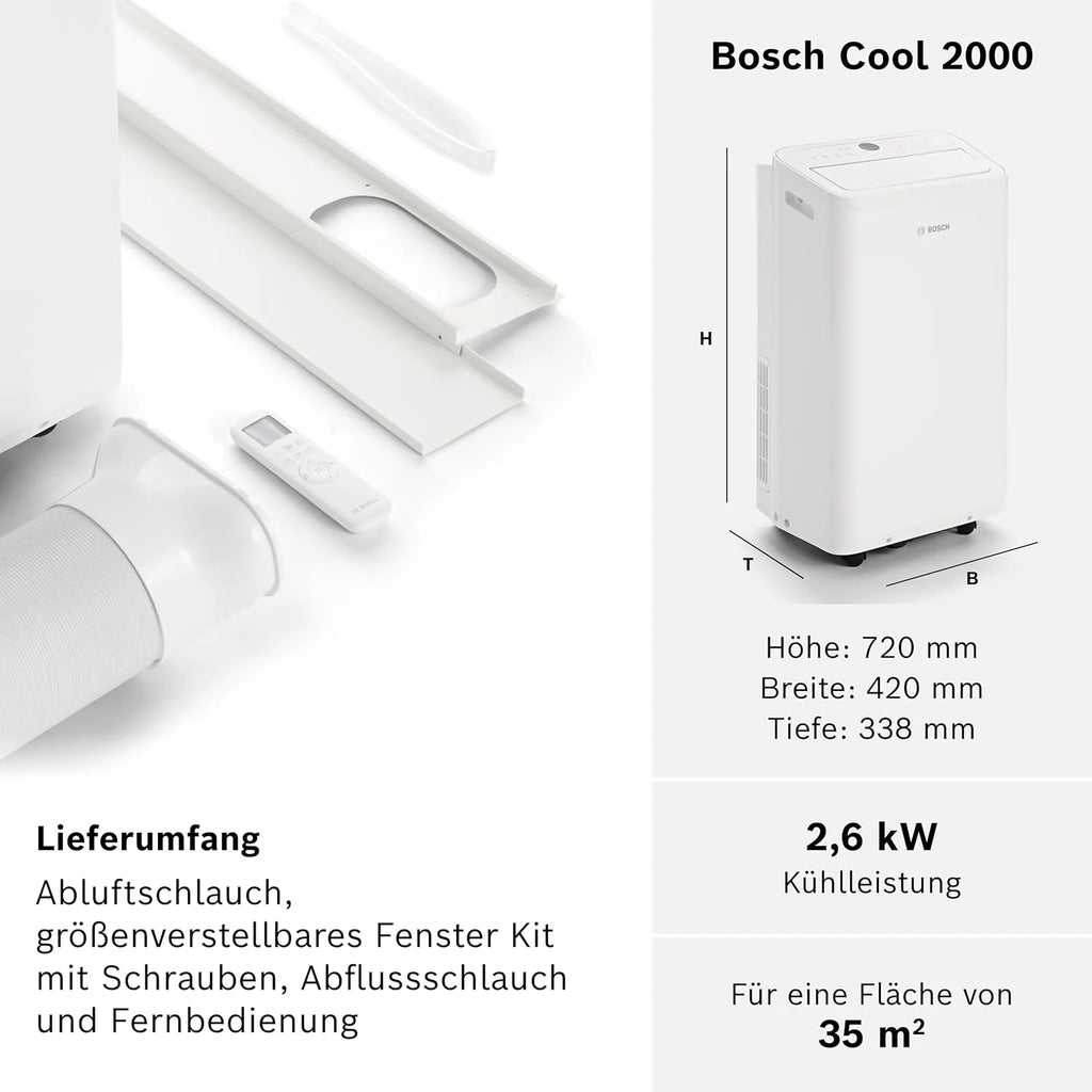 Aire acondicionado portátil Bosch Cool 4000 (modelo 2026) – 3 en 1: Aire acondicionado, deshumidificador y ventilador – 2,6 kW para habitaciones de hasta 35 m² – Con modo automático, modo silencioso y modo reposo.