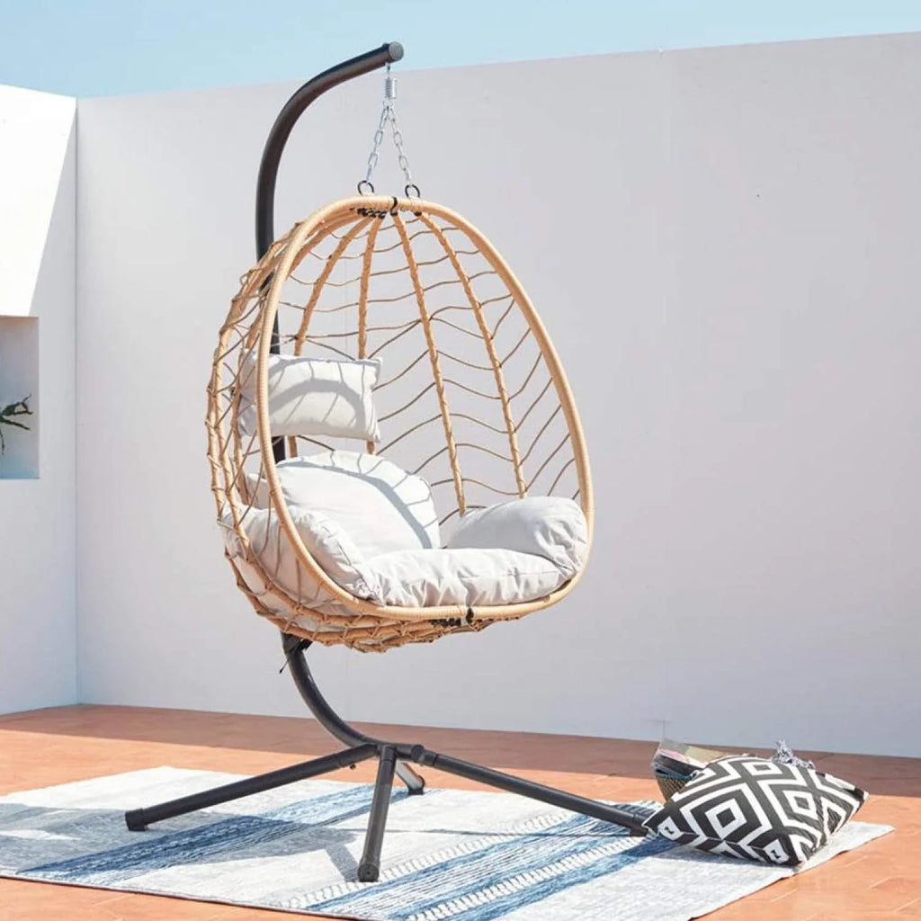 2026 Concept – Usine | Hermosa Silla Colgante Lima en Estructura de Acero y Resina Aspecto Ratán Color Beige, Cojín Acolchado Cómodo y Extraíble. Hamaca Impermeable y Resistente, Soporta 160 Kg