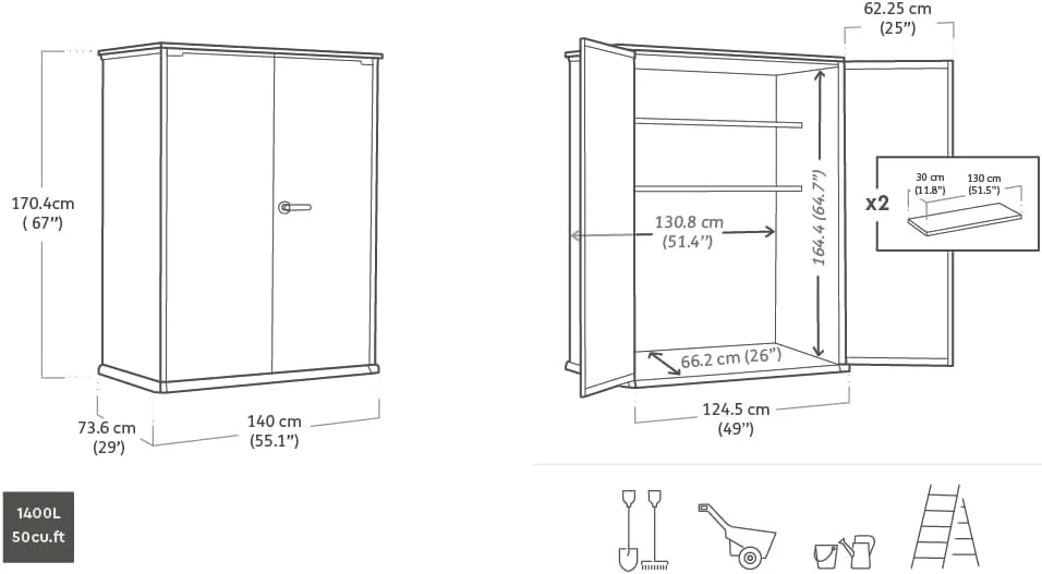 2026 Keter High Store Plus – Cobertizo de jardín Exterior, 1400L, Color Gris, tecnología Duotech Paredes aptas para Pintar, 170.4 x 140 x 73.6 cm